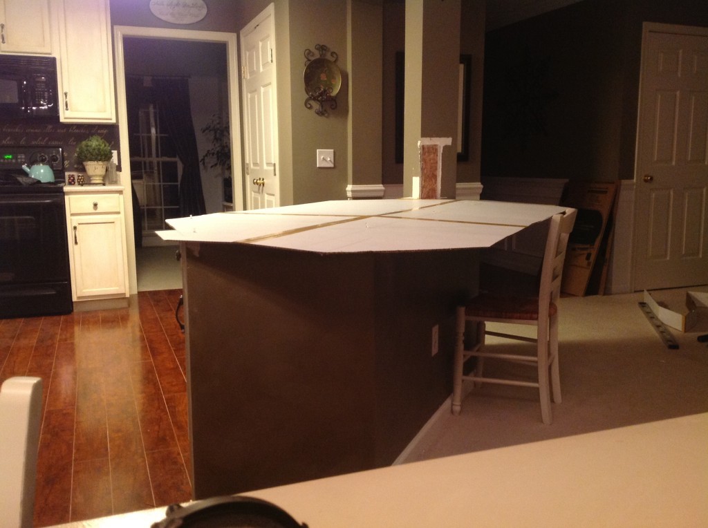 Demolished Island,  testing out our cardboard template before applying butcher block